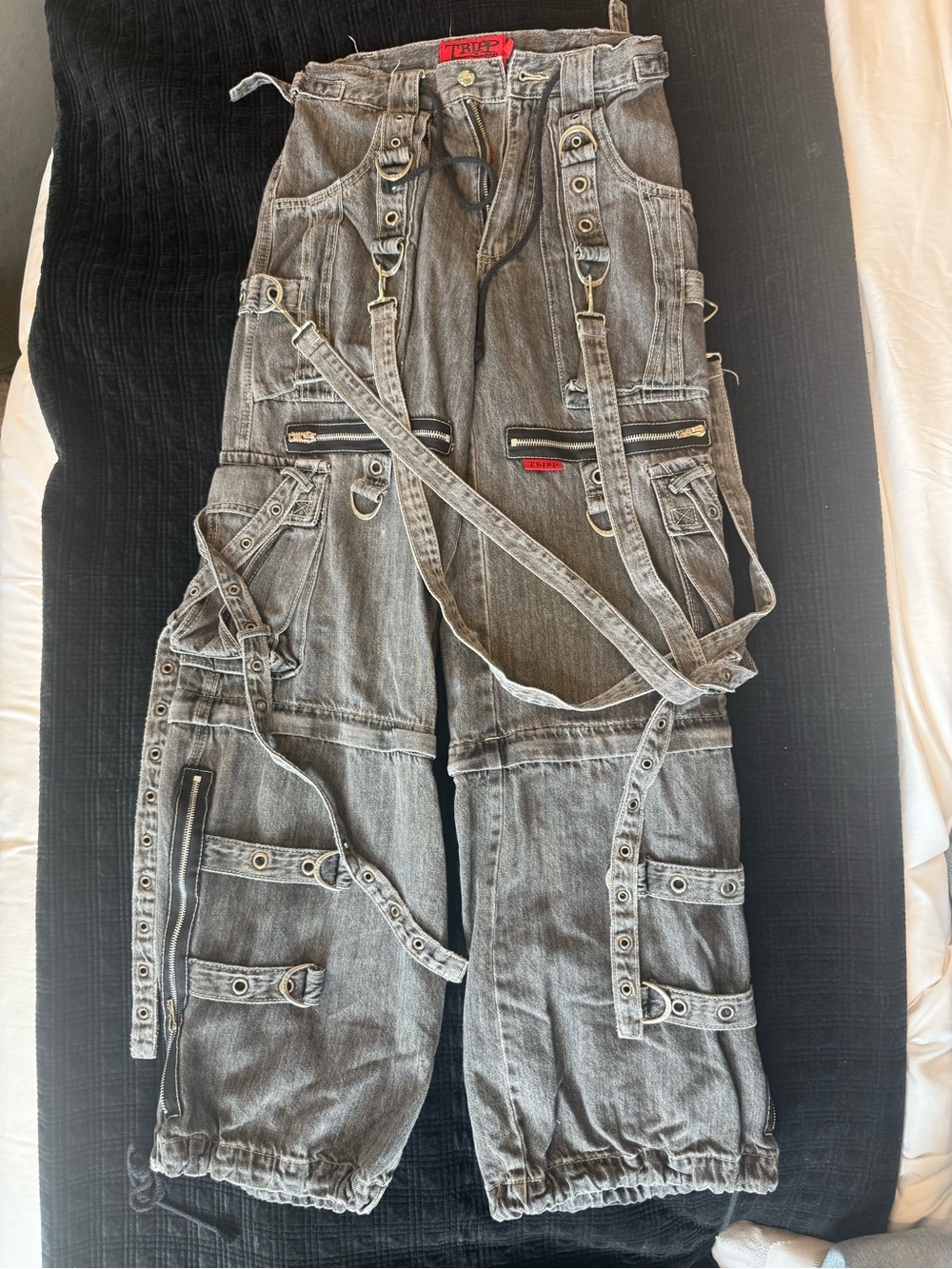 Tripp NYC Washed Black/Grey Relaxed Cargo Jeans with Straps